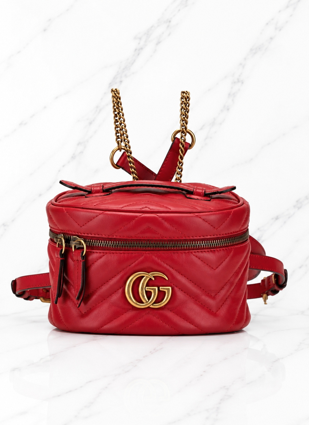 Gucci GG Marmont Mini Vanity Backpack Red Chevron Quilted Leather Gold Hardware