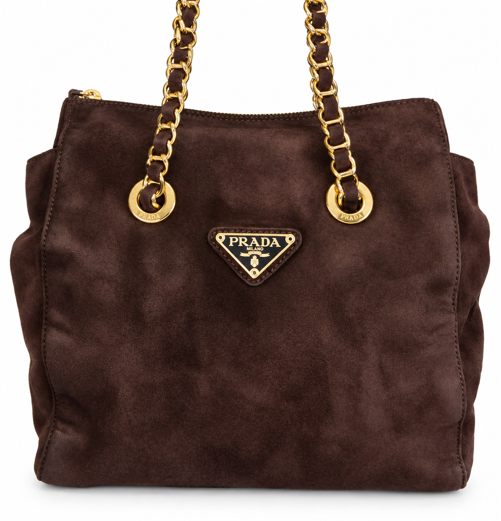 Prada Brown Suede Shoulder Bag – Gold Hardware