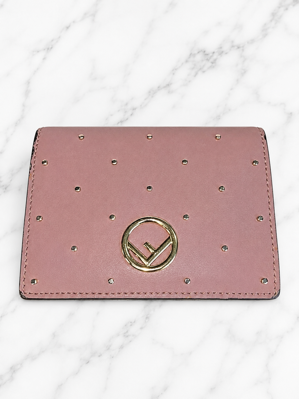Fendi Pink Studded Leather Card Holder & Coin Purse Wallet — Gold Studs