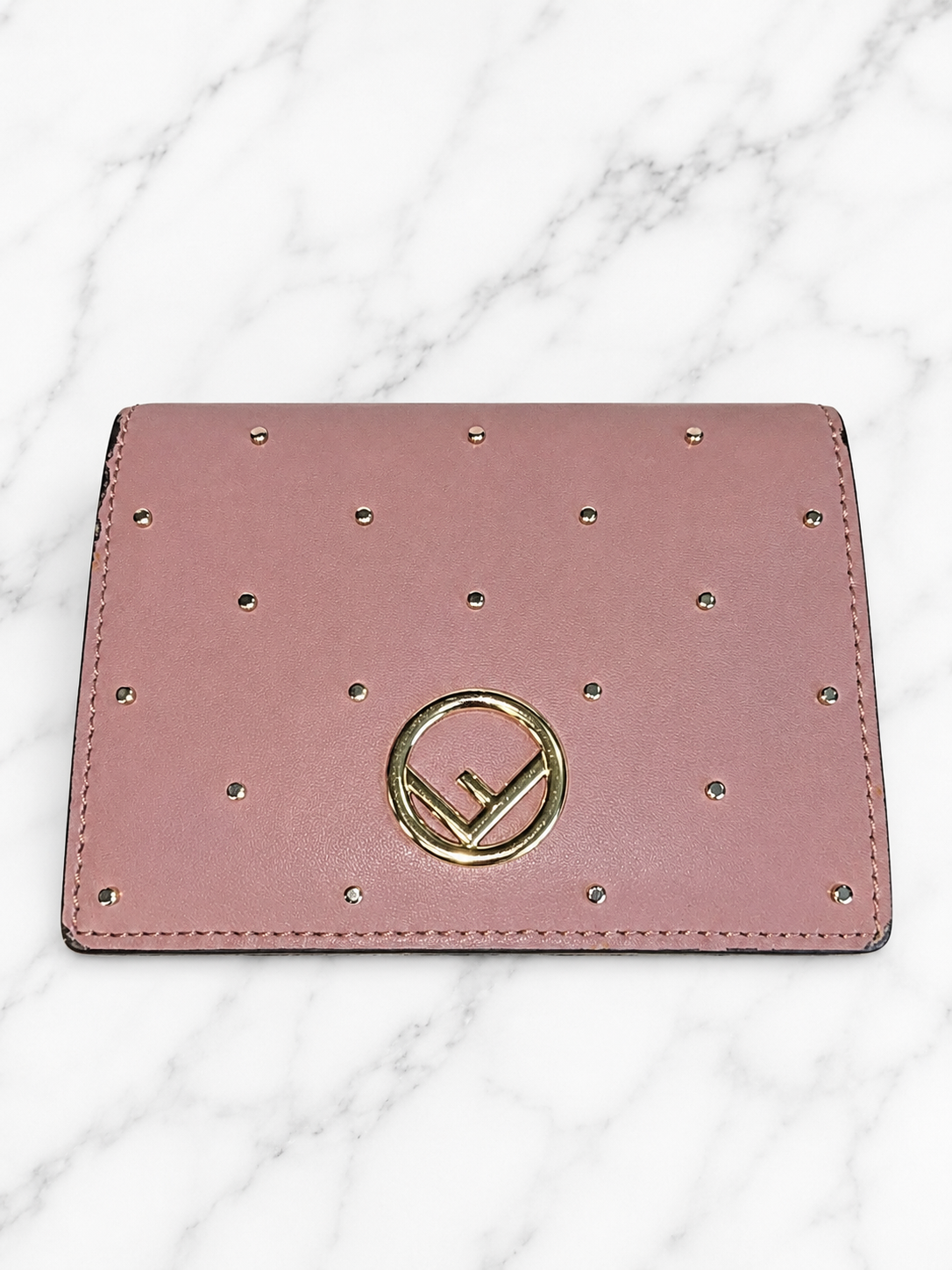 Fendi Pink Studded Leather Card Holder & Coin Purse Wallet — Gold Studs