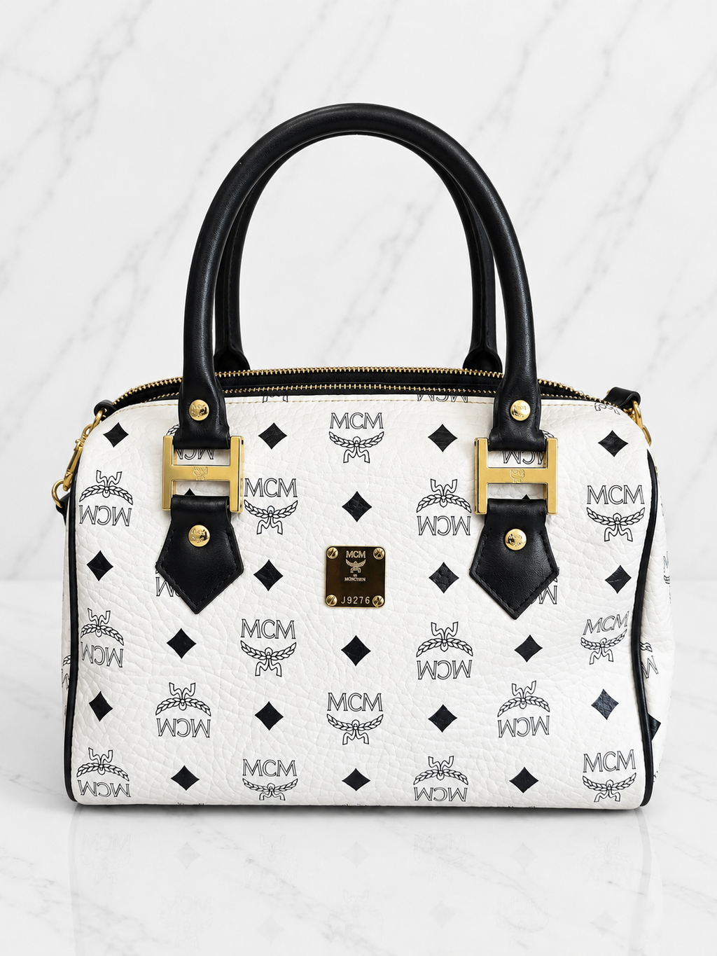 MCM Visetos Boston Bag — White & Black Monogram