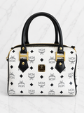 MCM Visetos Boston Bag — White & Black Monogram