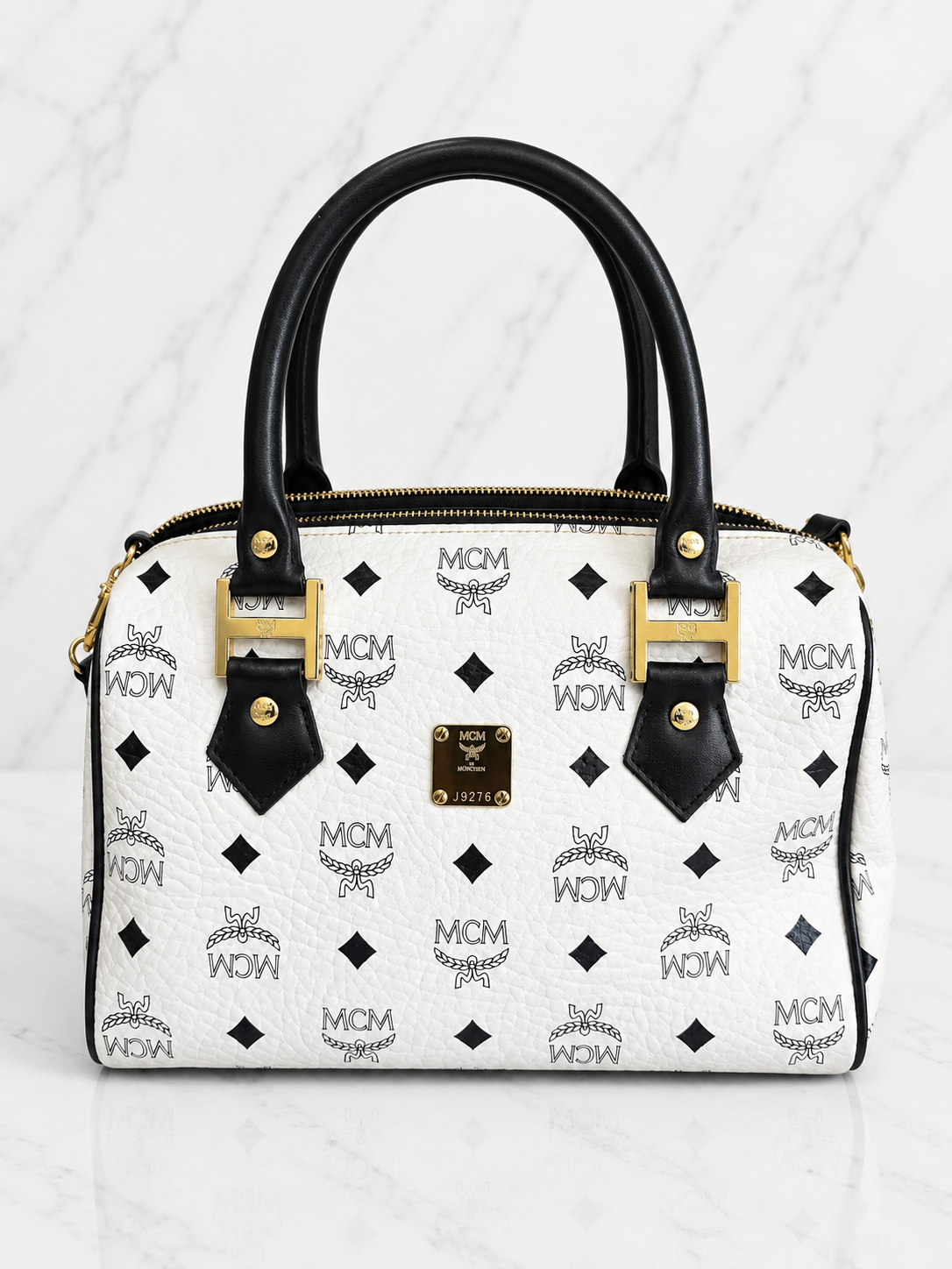 MCM Visetos Boston Bag — White & Black Monogram