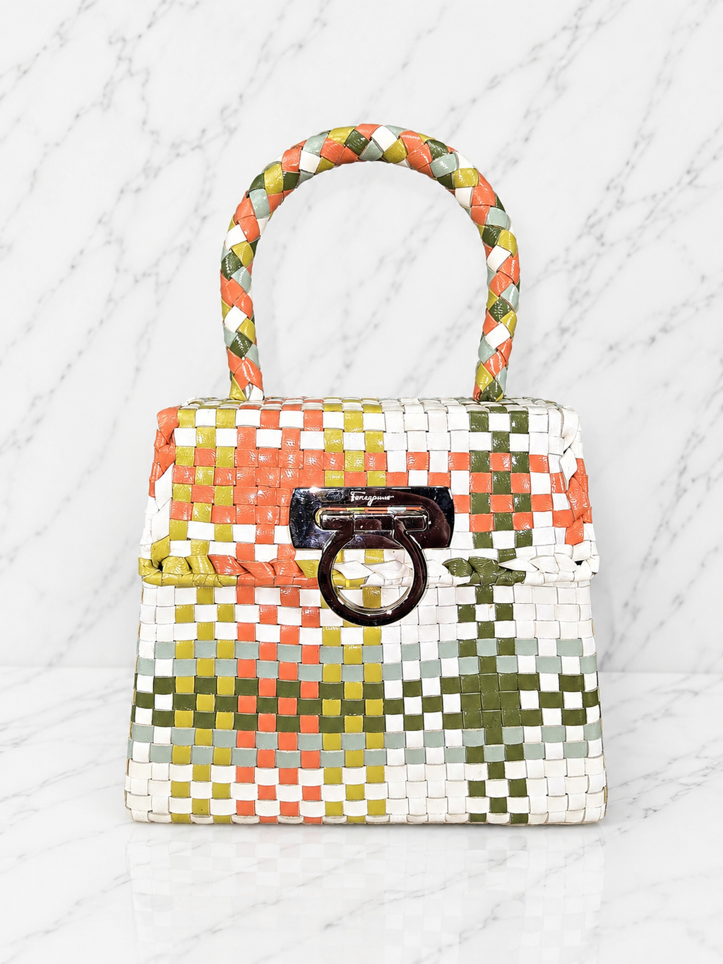 Salvatore Ferragamo Woven Leather Gancini Top Handle Bag Multicolor White Orange Green Silver Hardware