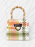 Salvatore Ferragamo Woven Leather Gancini Top Handle Bag Multicolor White Orange Green Silver Hardware