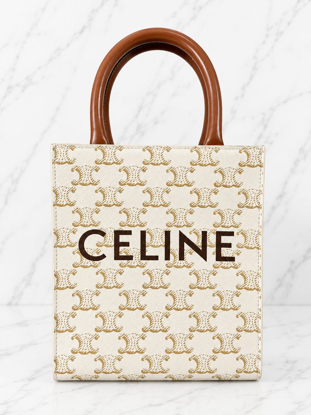 Celine Mini Vertical Cabas White Triomphe Canvas Brown Calfskin Trim