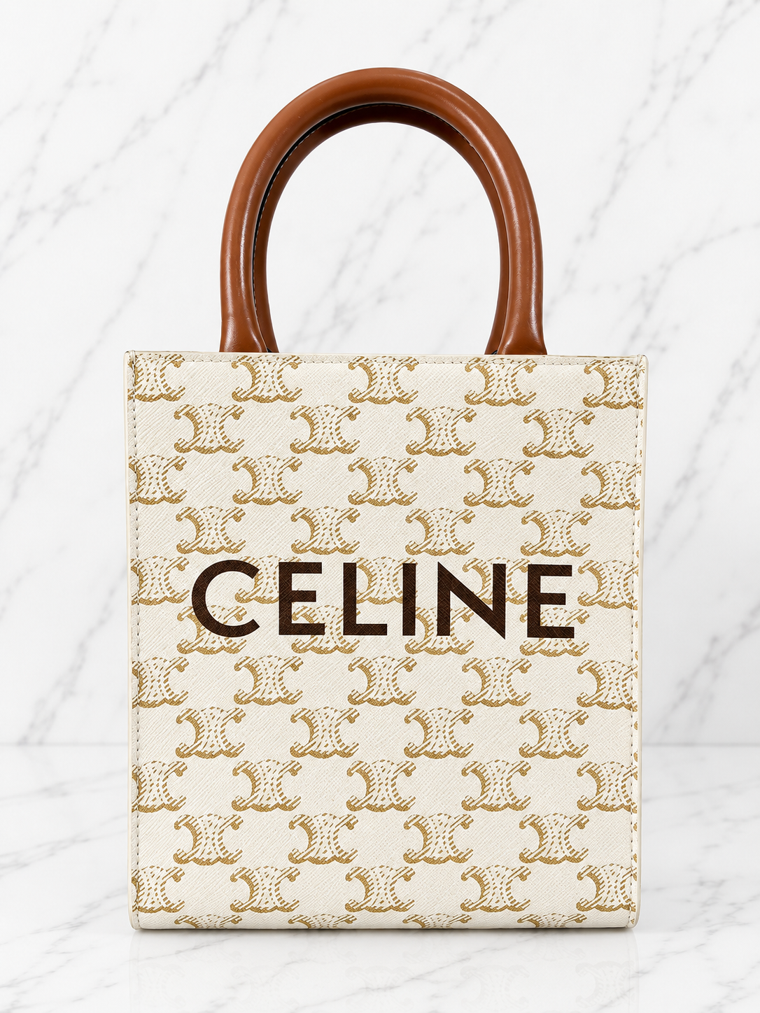 Celine Mini Vertical Cabas White Triomphe Canvas Brown Calfskin Trim