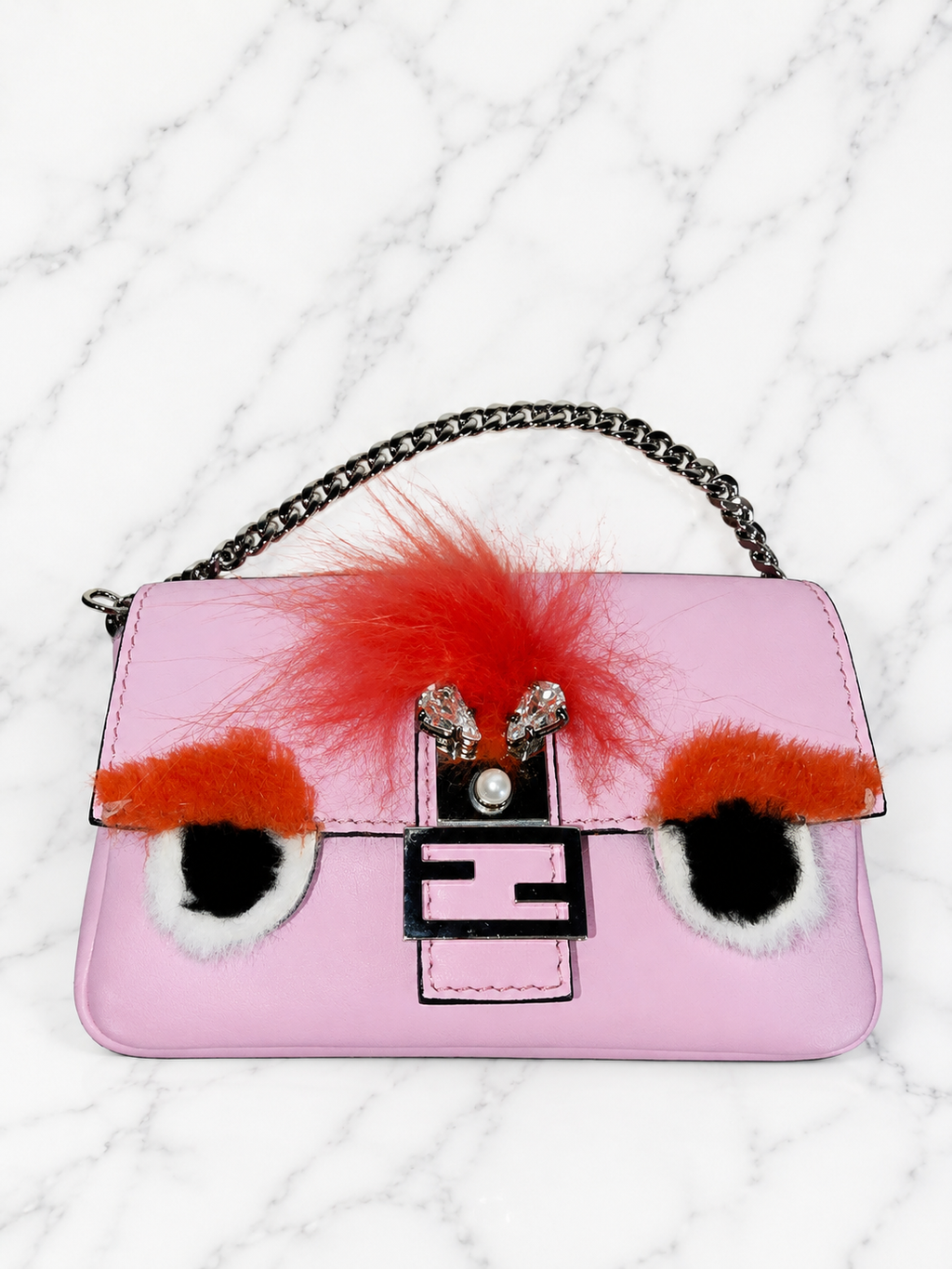 Fendi Micro Monster Baguette Pink Leather Crystal Fur Embellishment