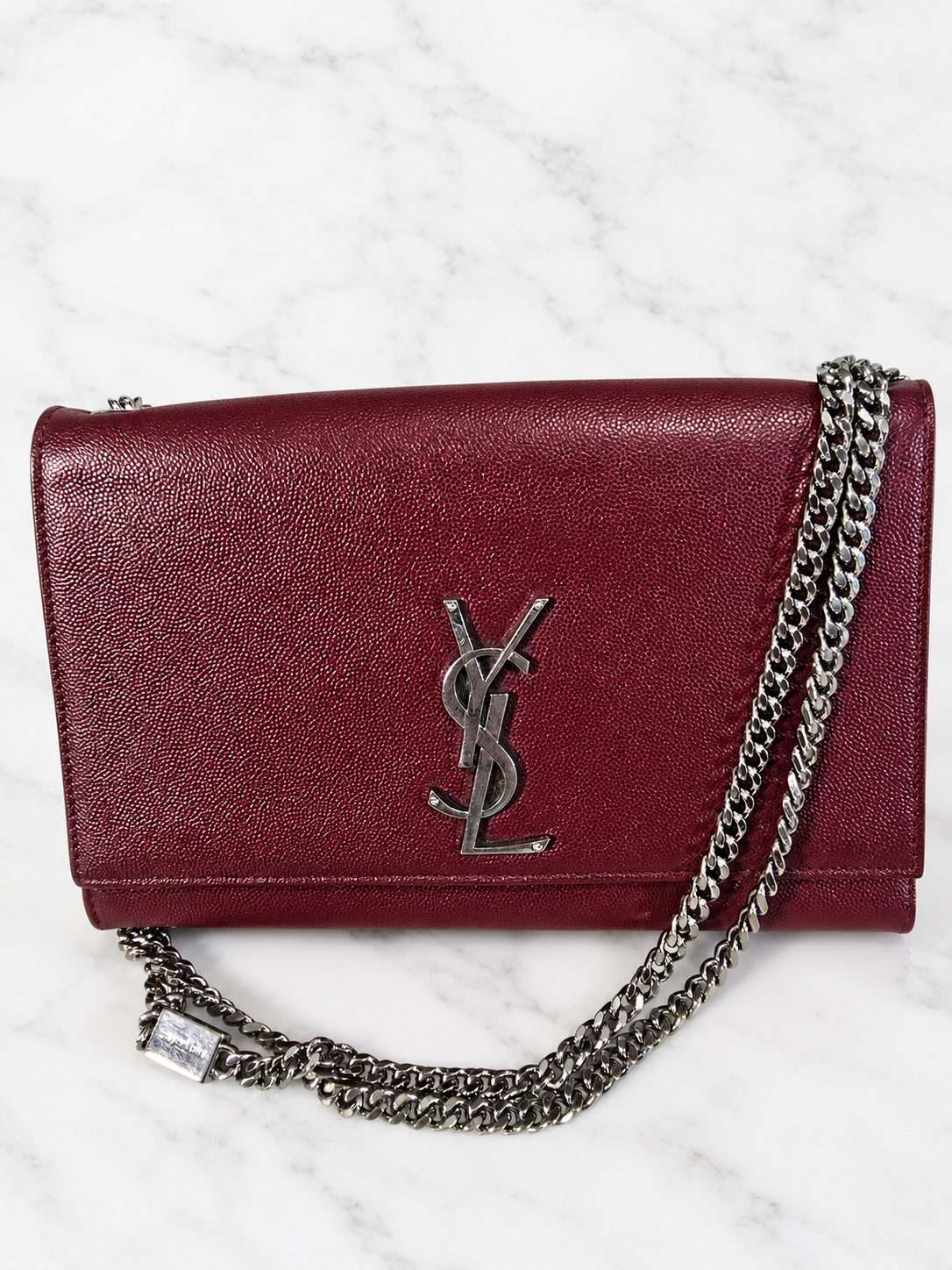 Saint Laurent Medium Leather Monogram Kate Crossbody Dark Red Silver Hardware