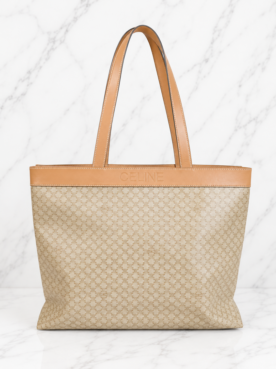Celine Vintage Macadam Tote Coated Canvas Natural Leather Handles Gold Hardware