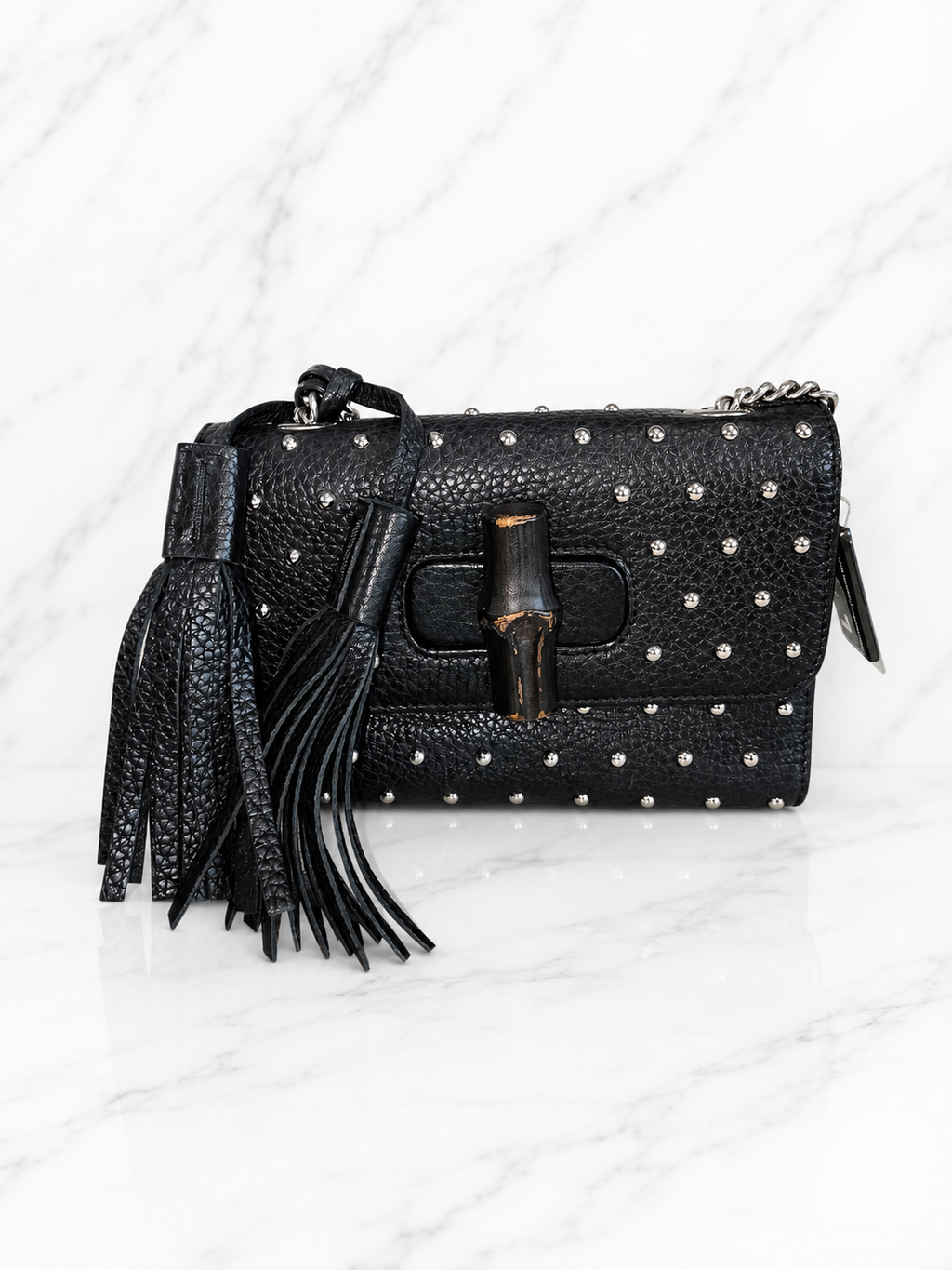 Gucci Miss Bamboo Shoulder Bag — Black with Silver Studs