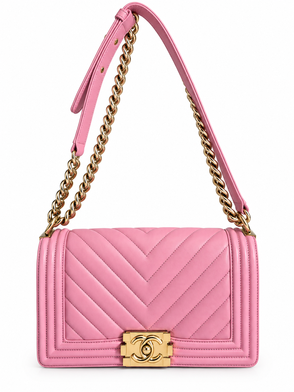 Chanel Chevron Quilted Boy Bag-Pink