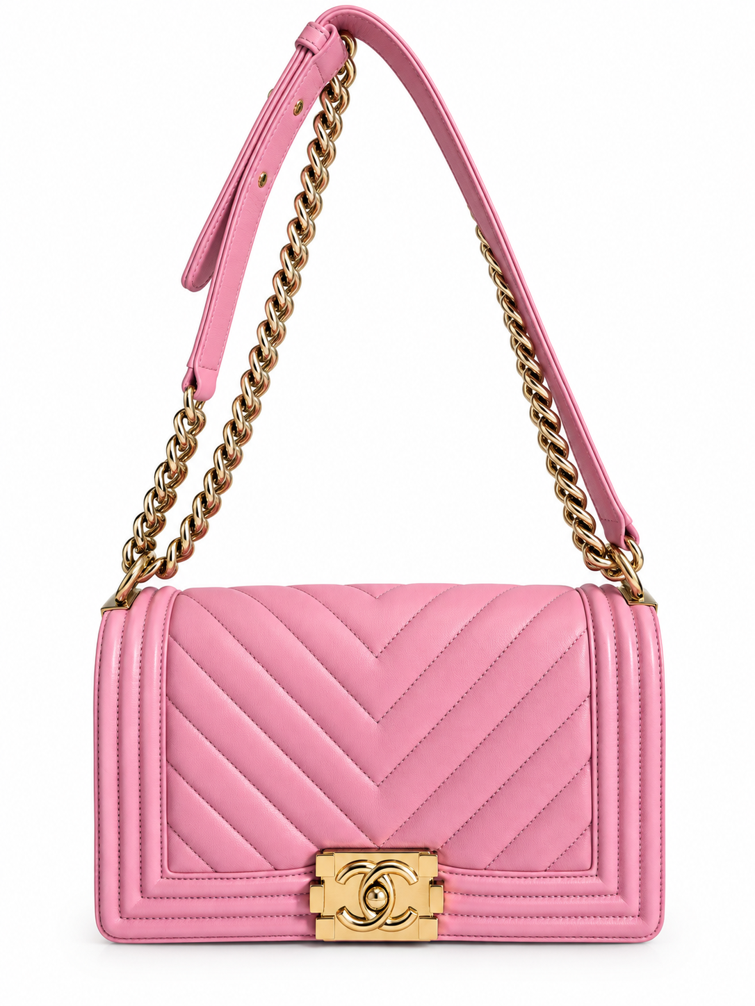 Chanel Chevron Quilted Boy Bag-Pink