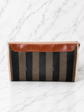 Fendi Vintage Pequin Striped Canvas Flat Pouch Brown Black Tan Leather Trim