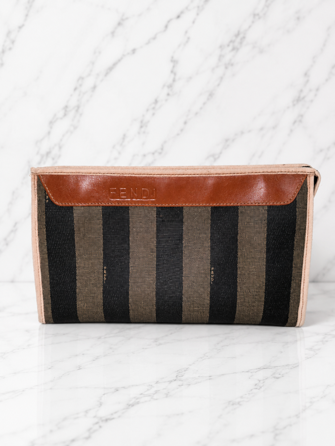 Fendi Vintage Pequin Striped Canvas Flat Pouch Brown Black Tan Leather Trim