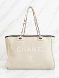 Chanel Small Deauville Tote Natural Canvas Dark Green Trim White Lettering Silver Hardware