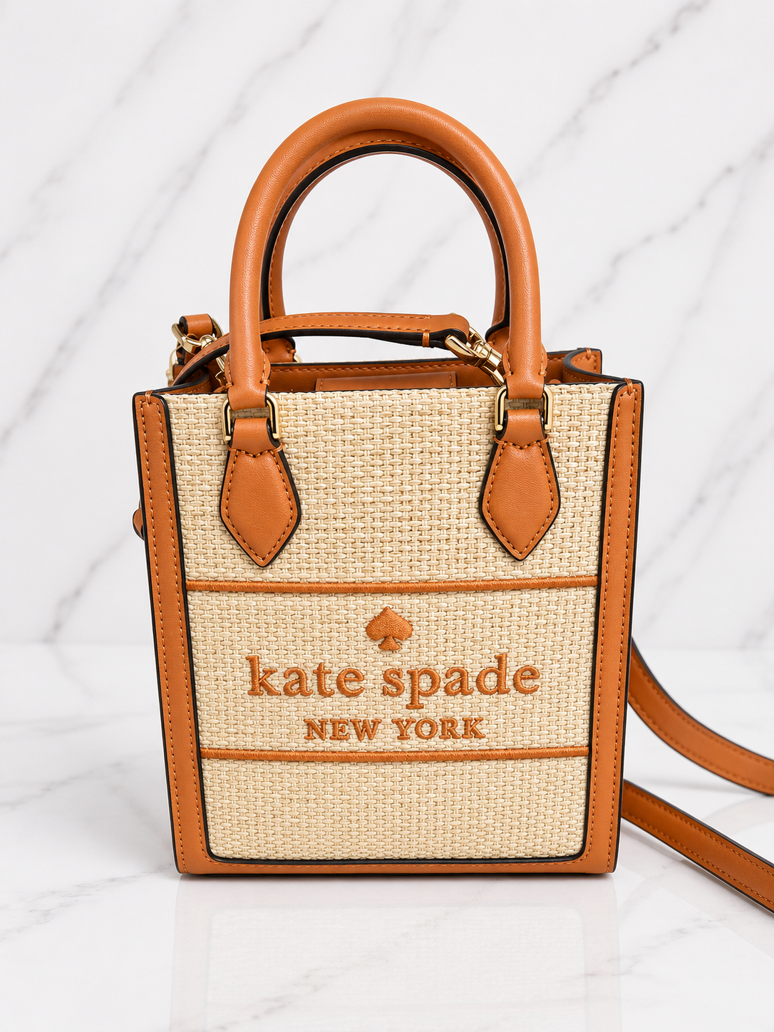 Kate Spade New York Ellie Canvas Mini Tote — Natural Straw with Orange Trim
