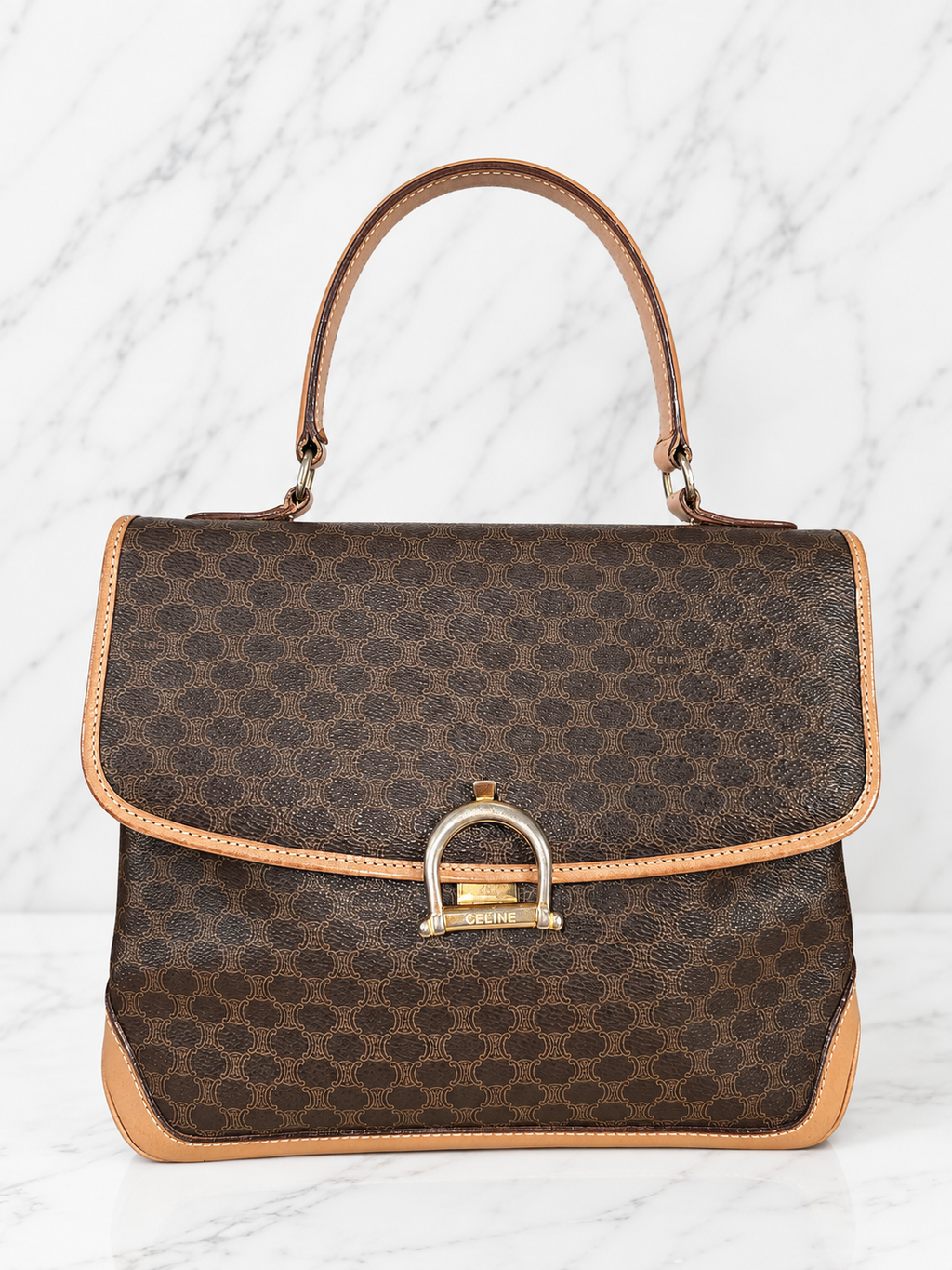 Céline Vintage Macadam Top Handle Bag Gold Horsebit Hardware Flap Closure