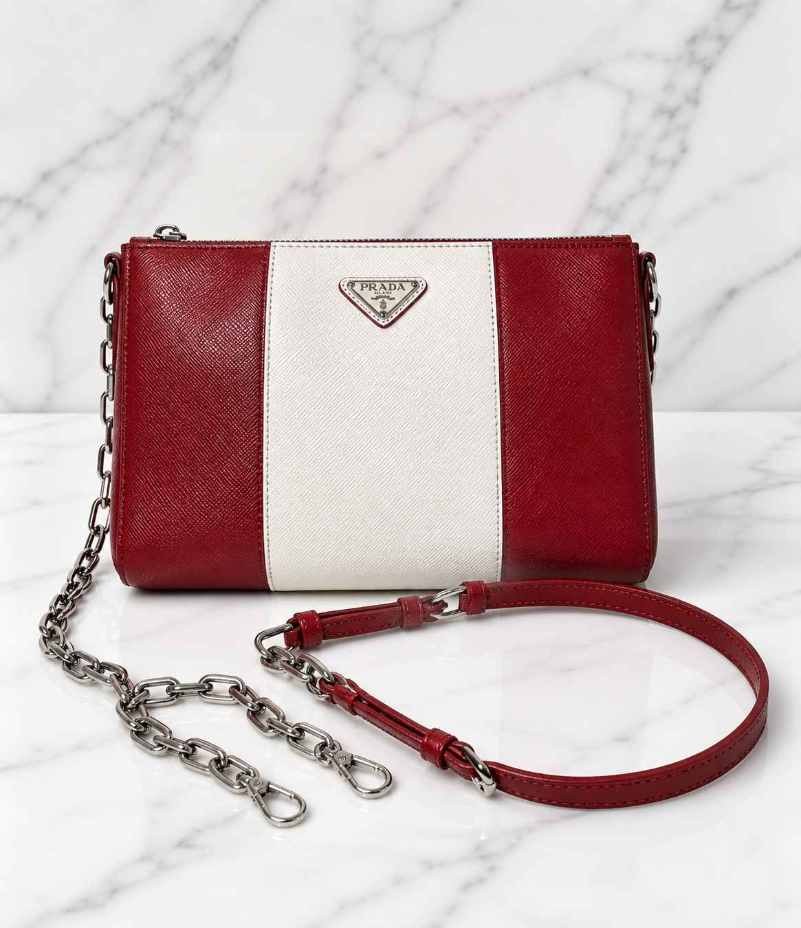 Prada Saffiano Lux Crossbody — Red & White