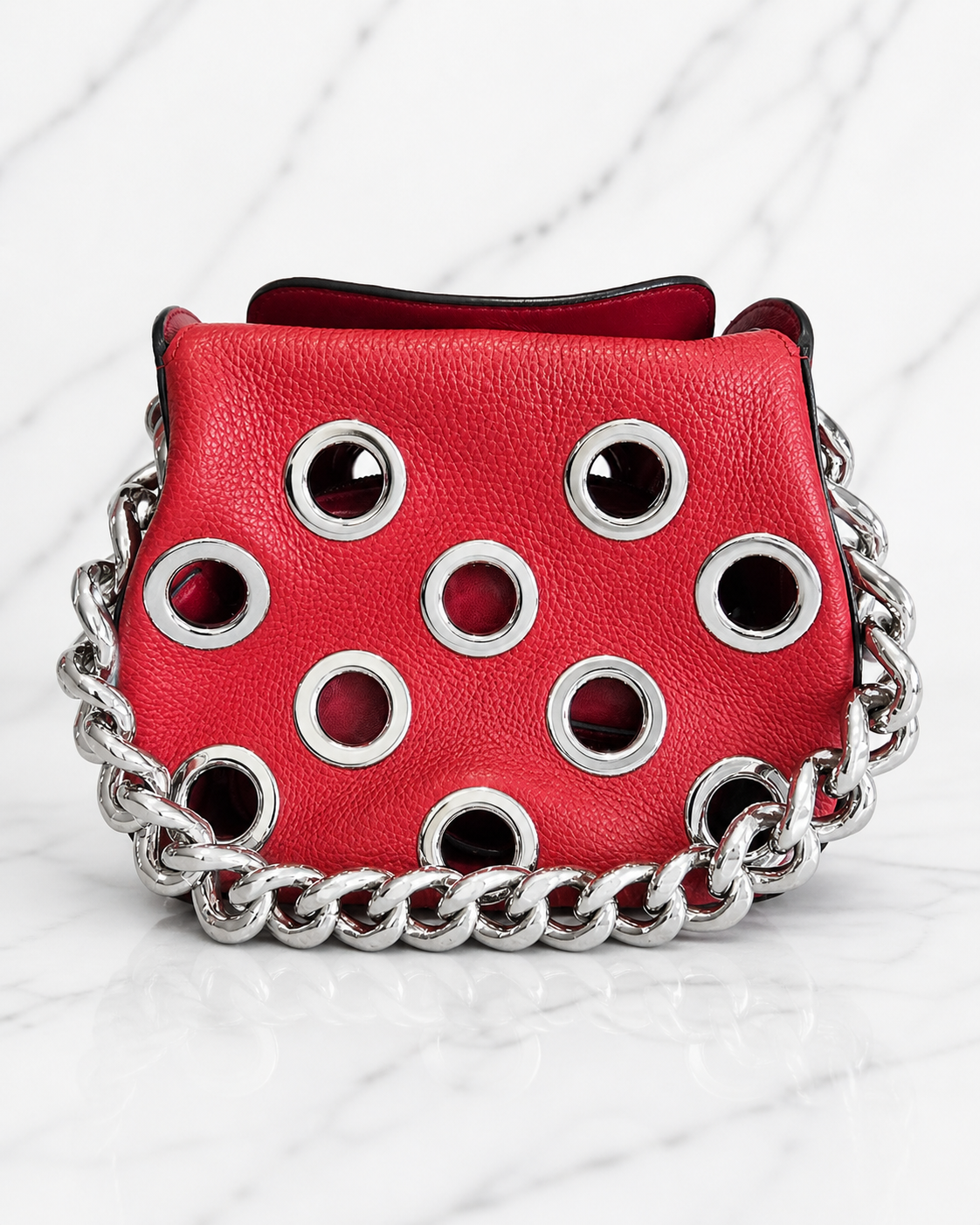 Prada Grommet Chain Shoulder Bag — Red Vitello Daino