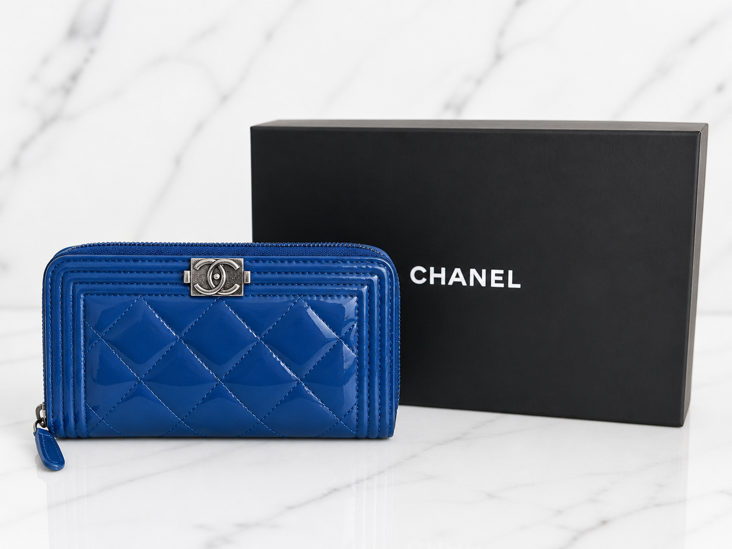Chanel Quilted Boy Zip Around Wallet — Blue Patent Leather
