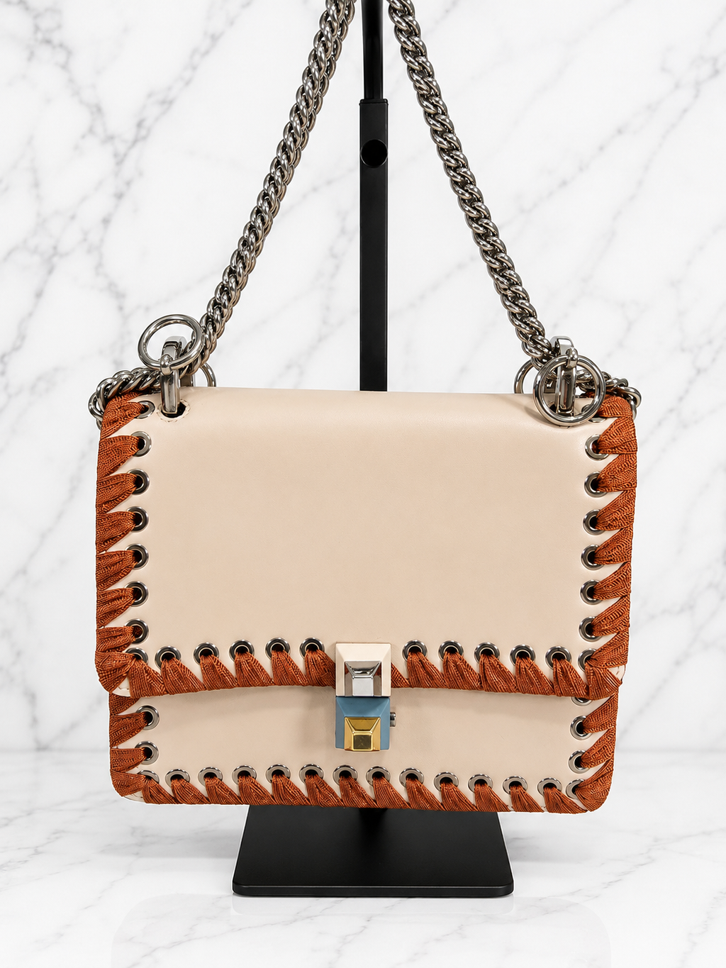 Fendi Kan I Ribbon Whipstitch Shoulder Bag Beige Orange Ribbon Silver Hardware
