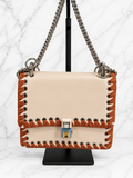 Fendi Kan I Ribbon Whipstitch Shoulder Bag Beige Orange Ribbon Silver Hardware