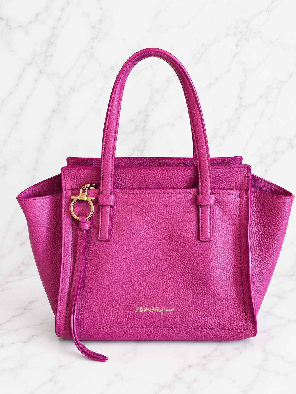 Salvatore Ferragamo Amy Tote Magenta Textured Leather Gold Hardware Gancini Charm