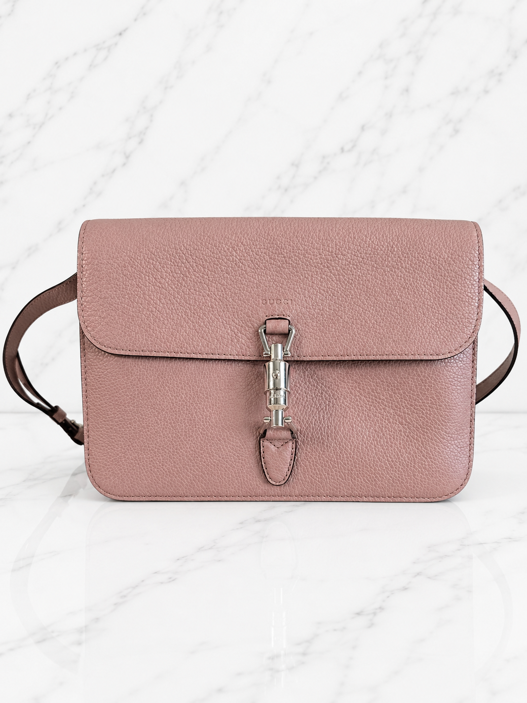 Gucci Jackie Soft Flap Shoulder Bag Pink Pebbled Leather Silver Hardware