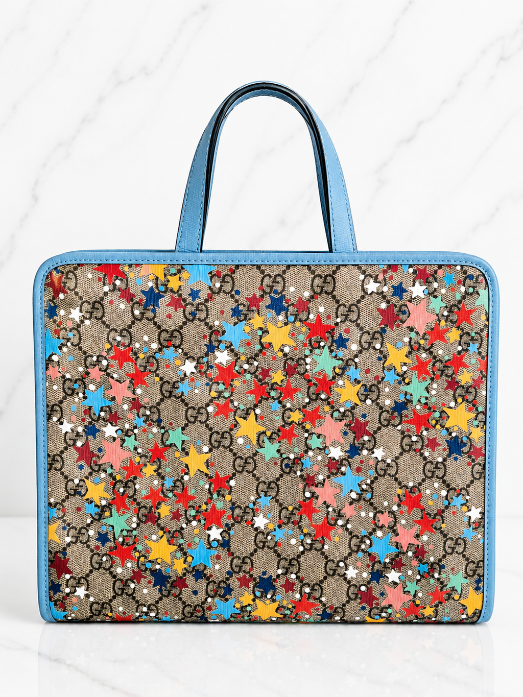 Gucci Star Print GG Canvas Tote — Light Blue Trim