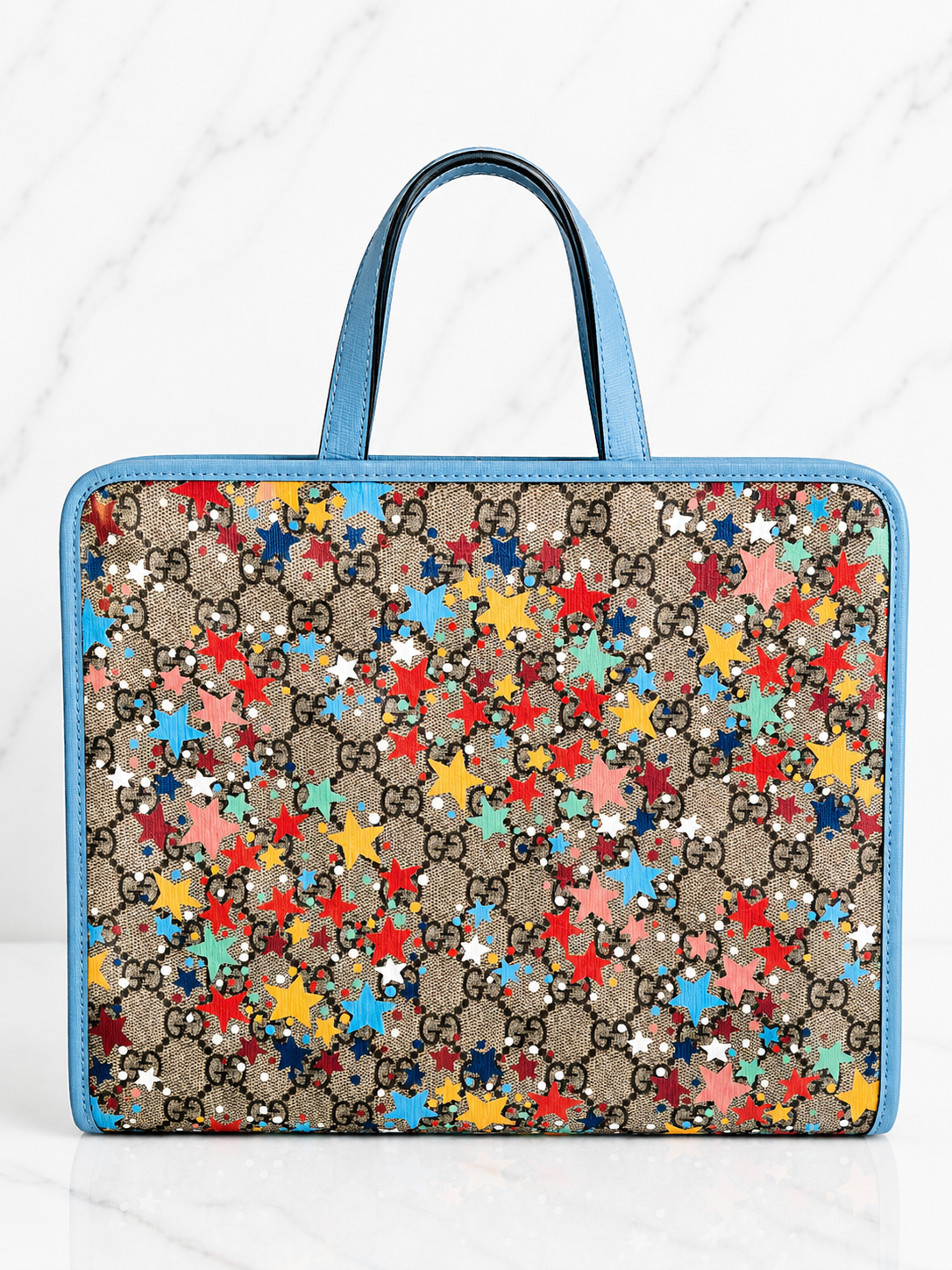 Gucci Star Print GG Canvas Tote — Light Blue Trim