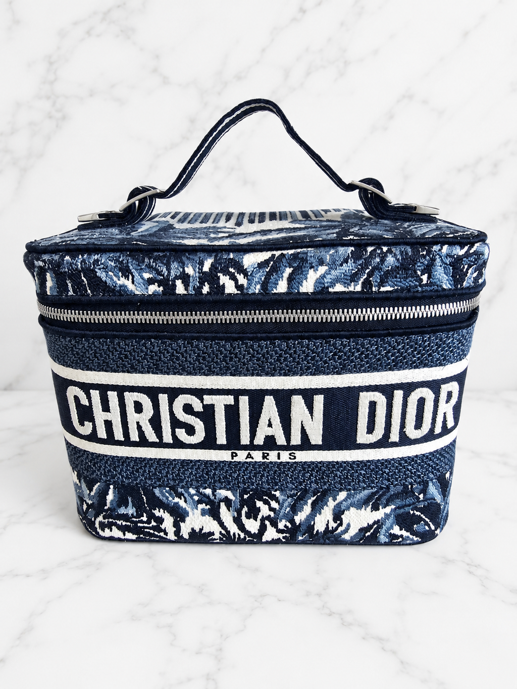 Christian Dior Travel Vanity Case Blue Oblique Embroidery Silver Hardware