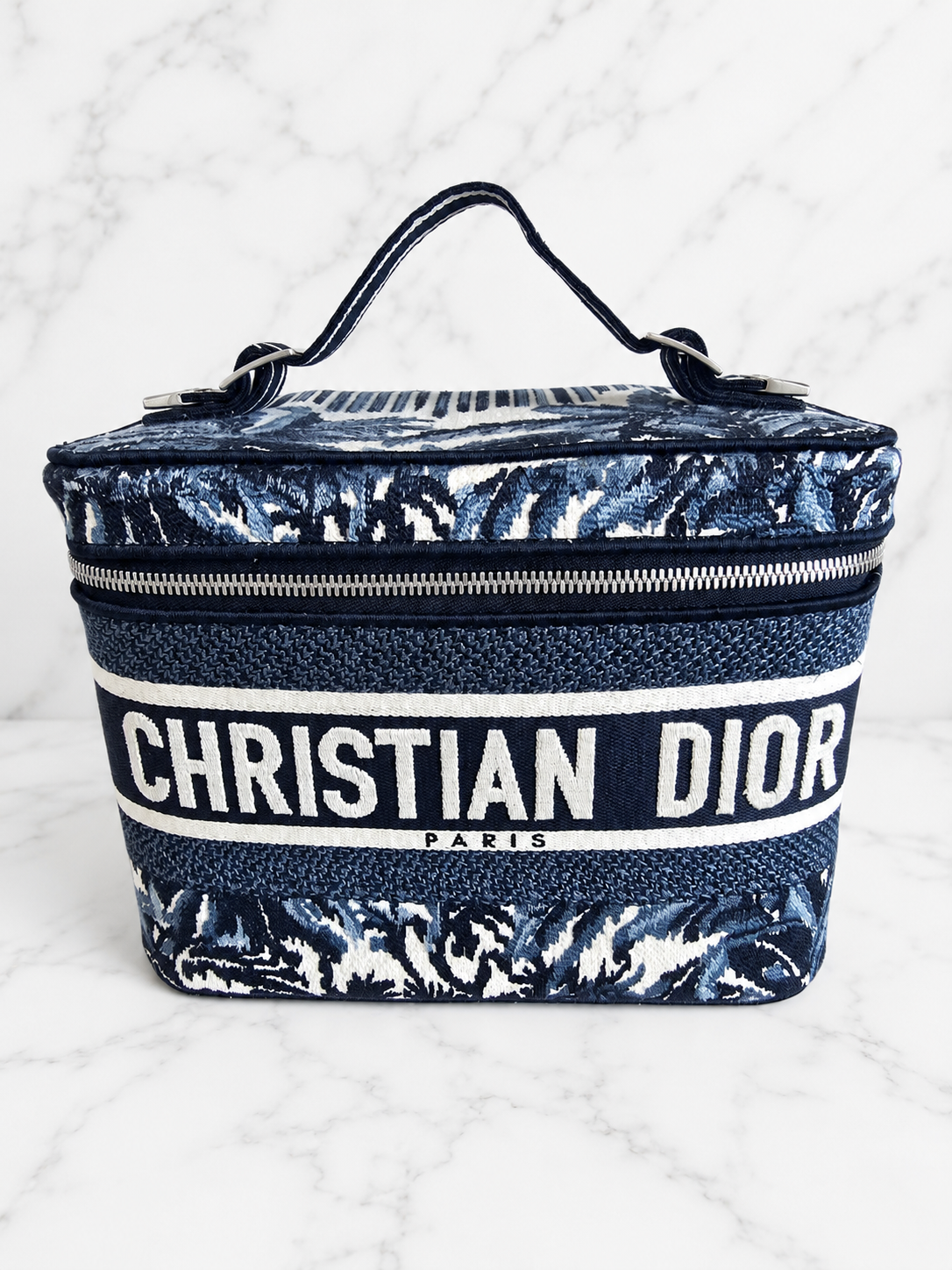 Christian Dior Travel Vanity Case Blue Oblique Embroidery Silver Hardware