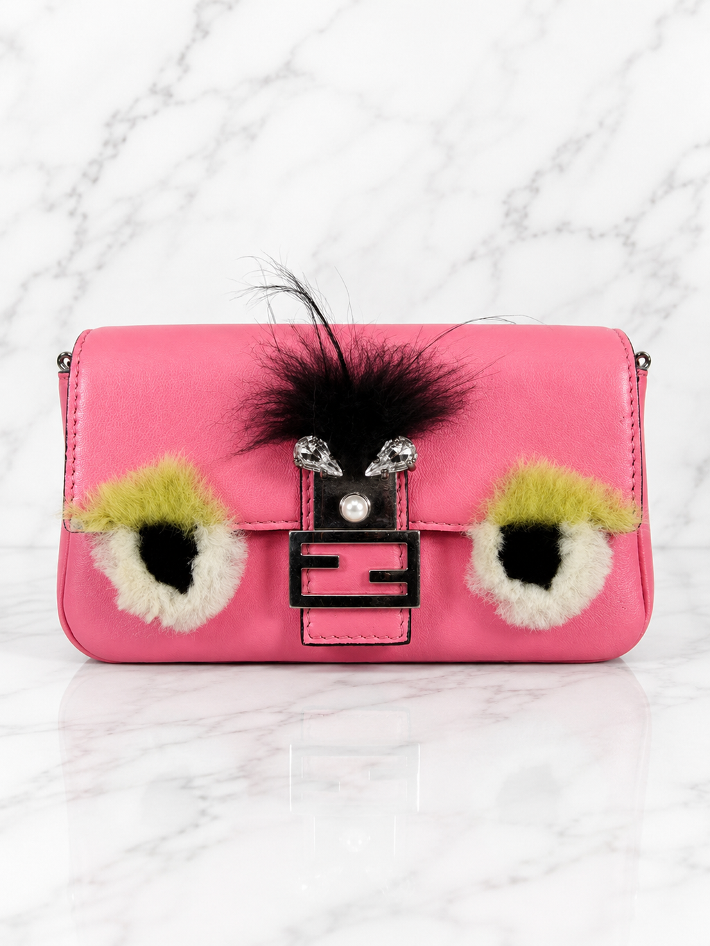 Fendi Micro Monster Baguette Dark Pink Leather Crystal Fur Embellishment
