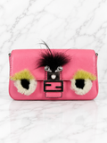 Fendi Micro Monster Baguette Dark Pink Leather Crystal Fur Embellishment