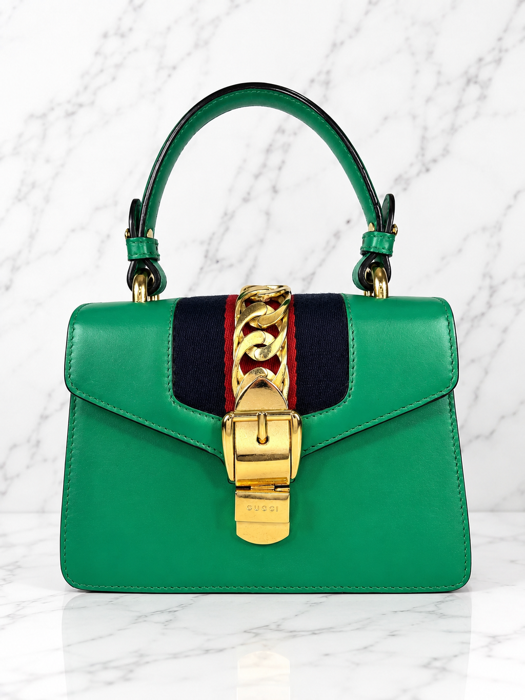 Gucci Sylvie Mini Top Handle Bag Green Leather Gold Hardware Red White Blue Rope Strap