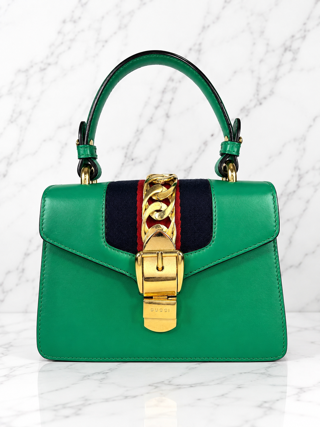 Gucci Sylvie Mini Top Handle Bag Green Leather Gold Hardware Red White Blue Rope Strap