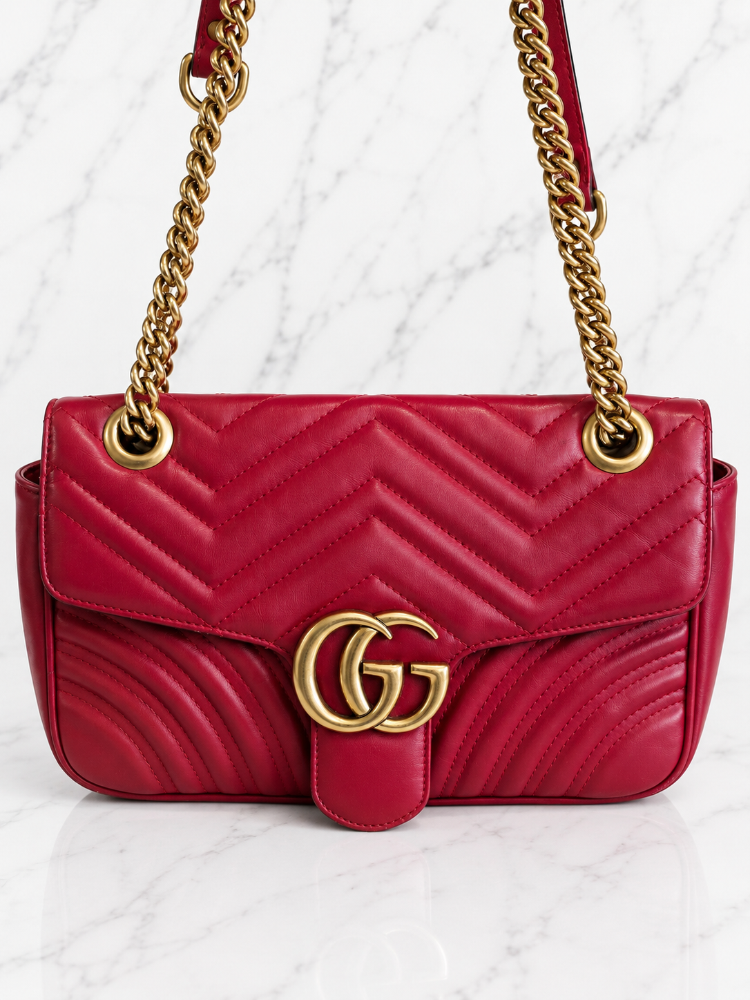 Gucci GG Marmont Medium Matelassé Leather Flap Bag Red Gold Hardware