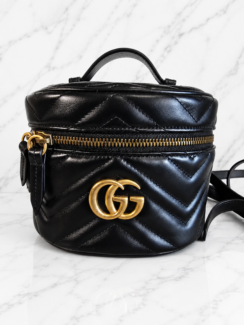 Gucci GG Marmont Mini Round Backpack Black Matelassé Leather Gold Hardware
