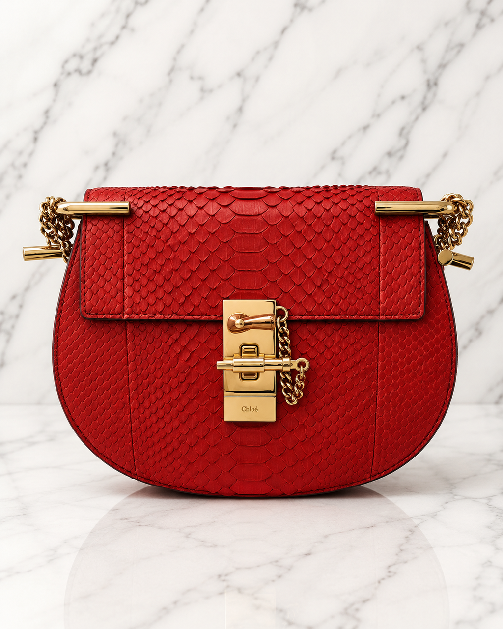Chloé Drew Small Crossbody Bag Python Red Gold Hardware
