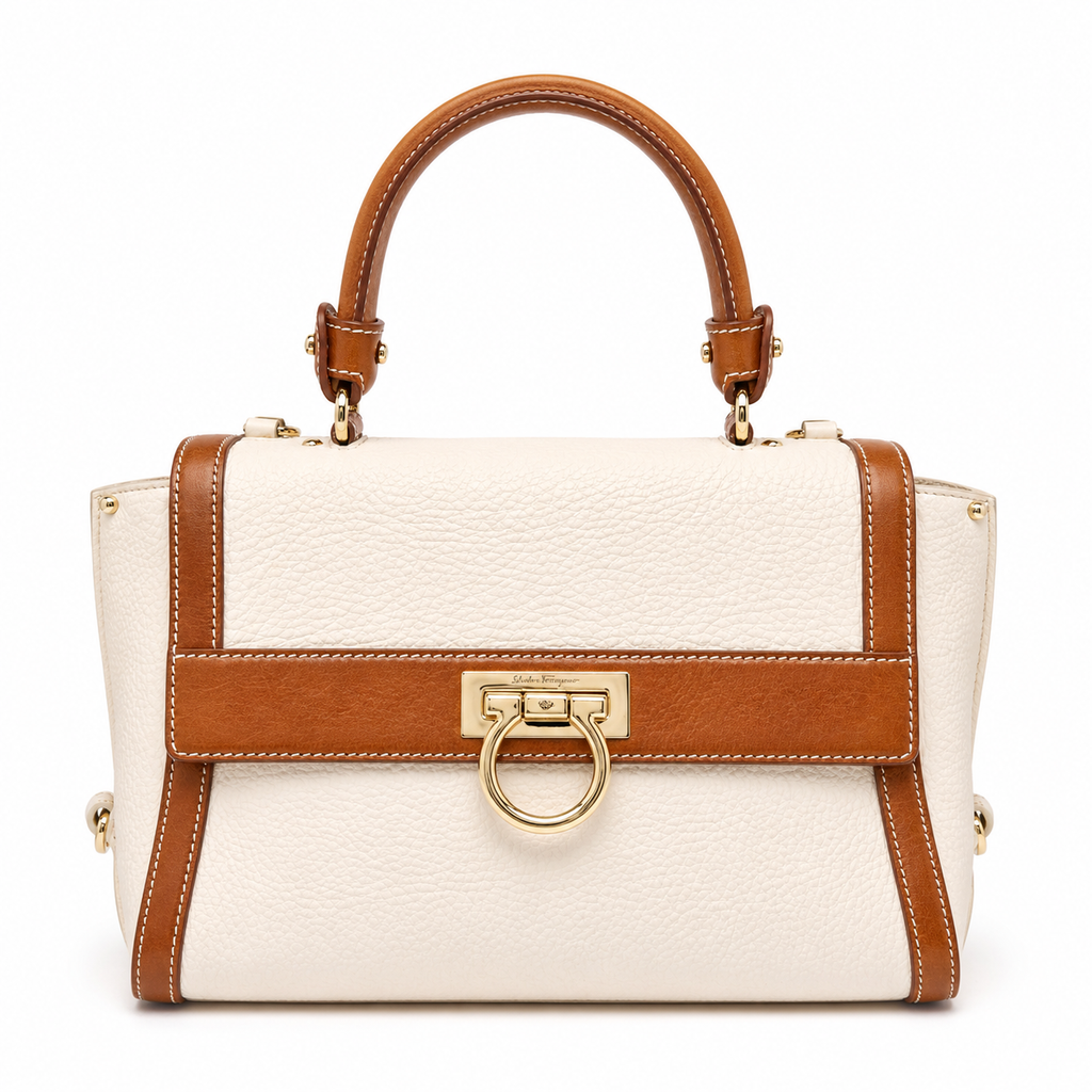Salvatore Ferragamo Sofia Satchel in Cream and Brown