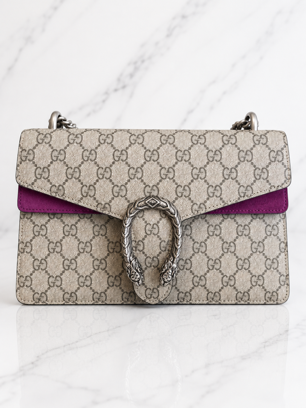 Gucci GG Supreme Small Dionysus Shoulder Bag — Beige Canvas & Purple Suede