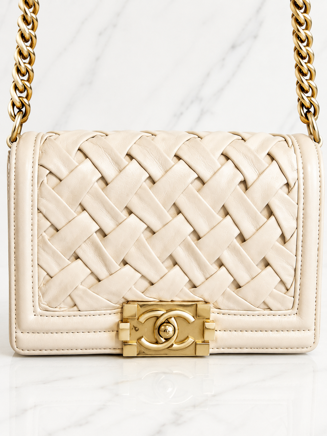 Chanel Small Château Boy Bag — Beige Woven Leather with Gold Hardware