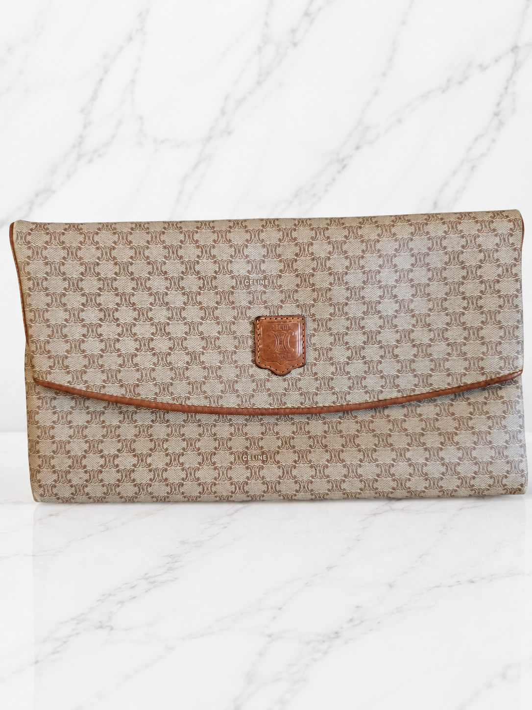 Celine Vintage Macadam Clutch Tan Beige Coated Canvas Leather Trim Gold Hardware