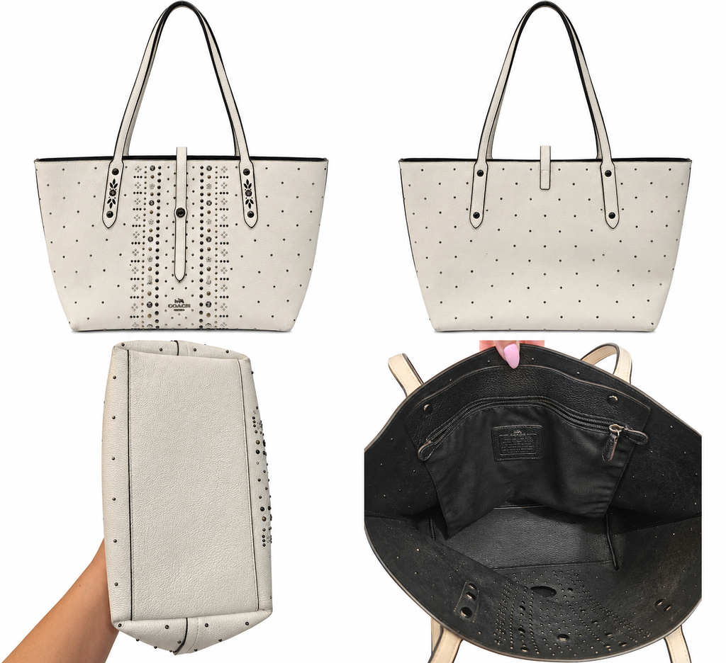 Coach Market Tote – White Pebbled Leather with Bandana Rivets
