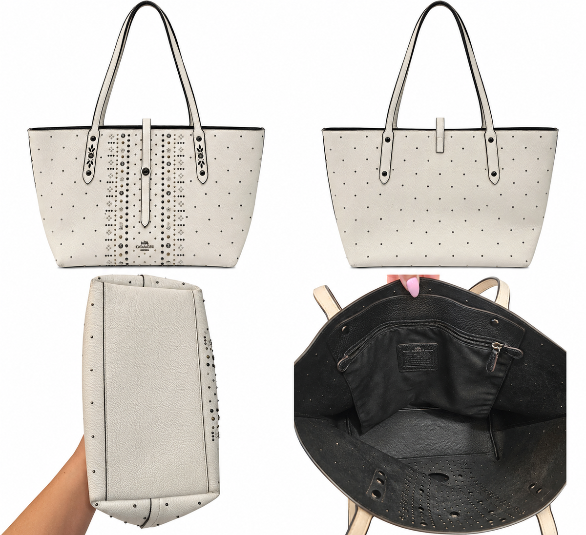 Coach Market Tote – White Pebbled Leather with Bandana Rivets