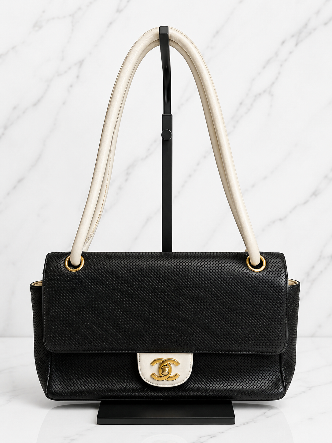 Chanel Vintage Flap Shoulder Bag — Black Perforated Leather