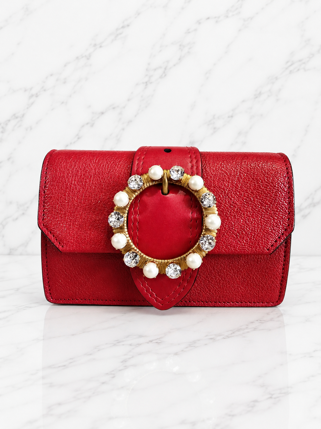 Miu Miu Lady Crossbody Belt Bag Red Leather Gold Circular Buckle Faux Pearl Crystal