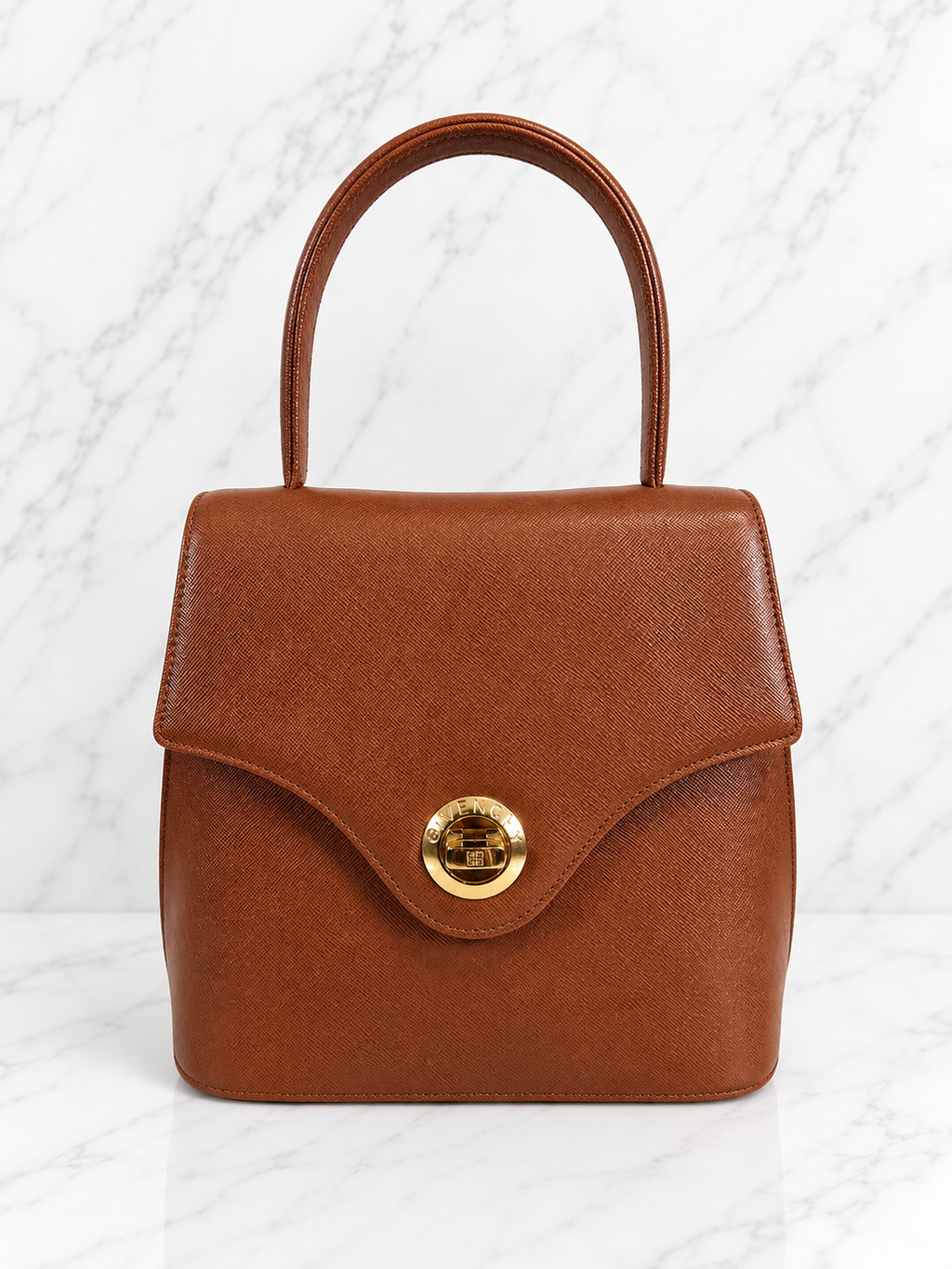 Givenchy Vintage Top Handle Bag Brown Orange Textured Leather Gold Hardware