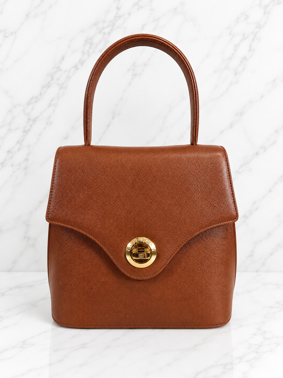 Givenchy Vintage Top Handle Bag Brown Orange Textured Leather Gold Hardware